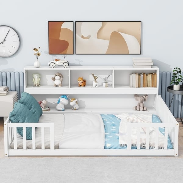 Floor Bed Wood Toned Integrated Bookcase Guardrails Storage