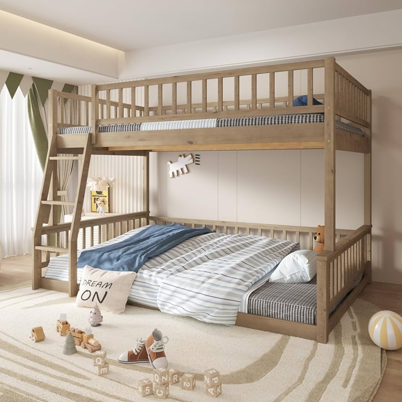 Floor Bunk Bed Walnut Full XL Over Queen with Built-in Ladder
