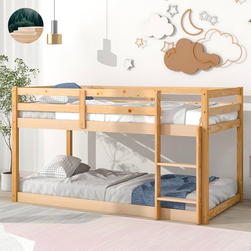 Floor Level Bunk Bed with Staircase Storage, Natural Wood Tone