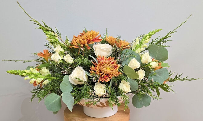 Floral Arrangement Autumn Centerpiece Twig Accents Textured Bowl Rustic