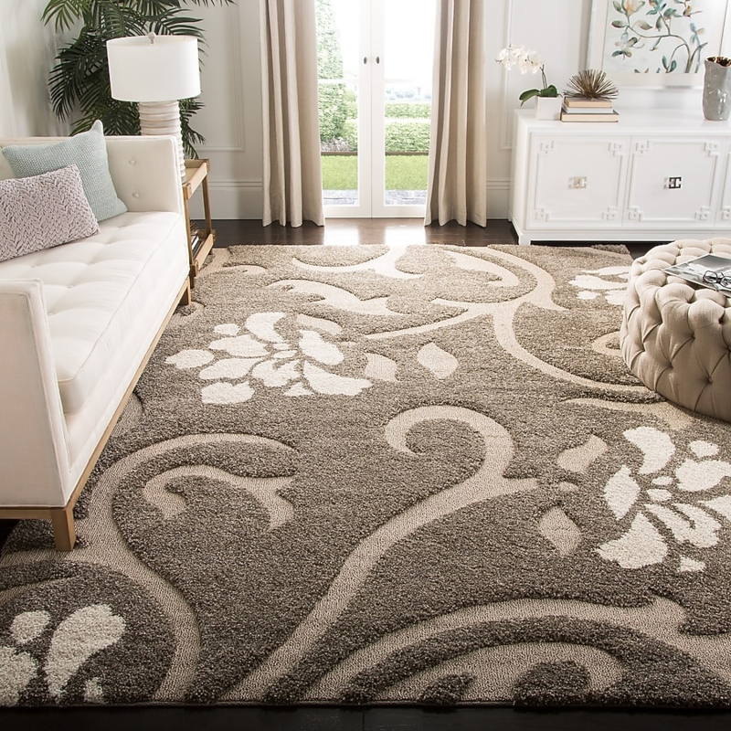 Floral Shag Area Rug Smoke Beige High Low Pile Botanical Design