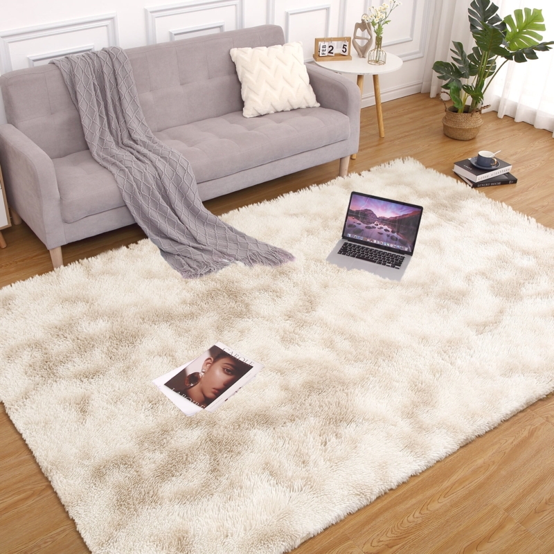 Fluffy Area Rug Light Brown Shag High Texture Contemporary Bedroom
