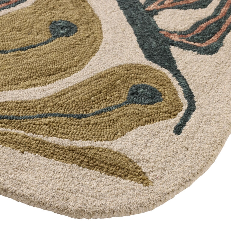 Folk Art Area Rug, Navy Base with Bird Motifs, Rounded Corners, Floral