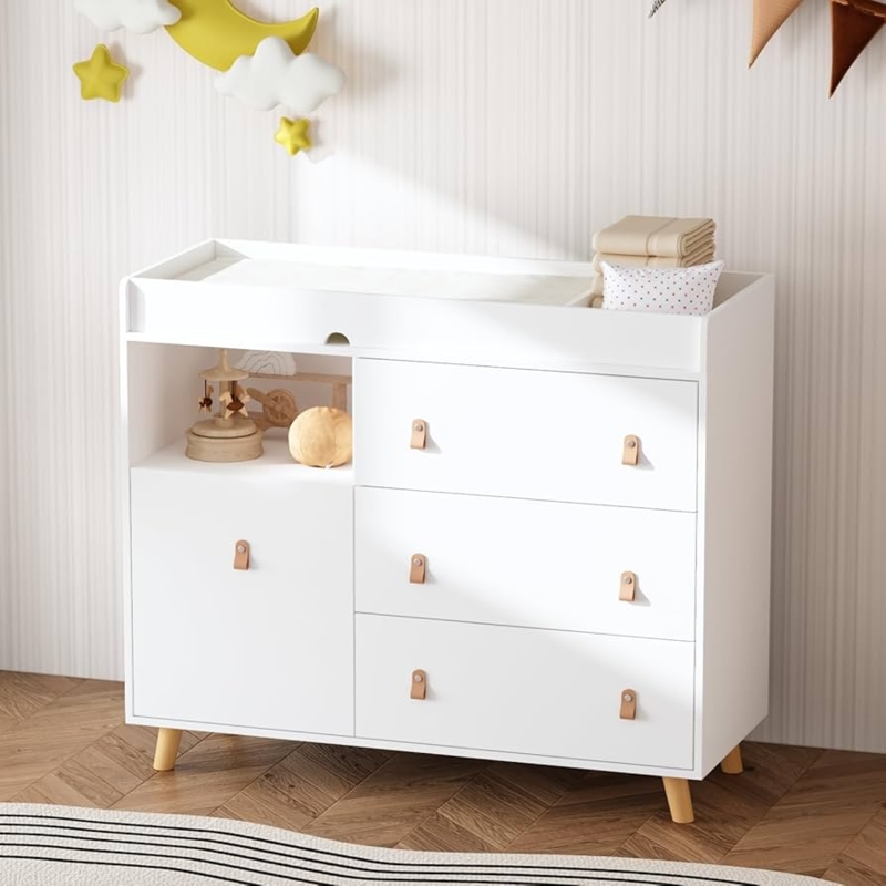 Four Drawer Dresser with Gold Knobs and Recessed Plinth Base