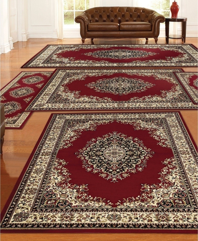 Fringed Area Rug Ornate Floral Medallion Red Navy