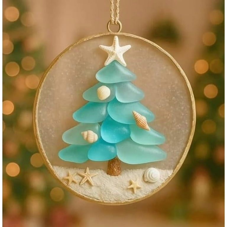 Frosted Holiday Ornament: Stacked Sea Glass Tree with Starfish Topper
