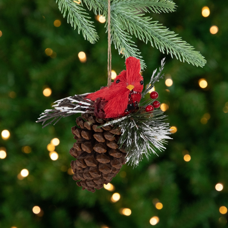 Frosted Pinecone Holiday Accents, Rustic Woodland Cardinal Bird Ornament