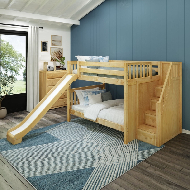 Full Bunk Bed with Attached Slide and Storage Stairs