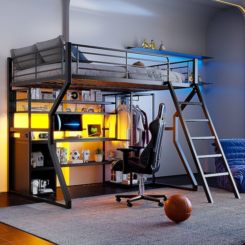 Full Gaming Loft Bed Black Metal with Open Wardrobe