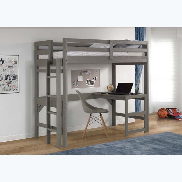 Full Loft Bed Cool Gray Integrated Desk Built-in Shelving Vertical Ladder