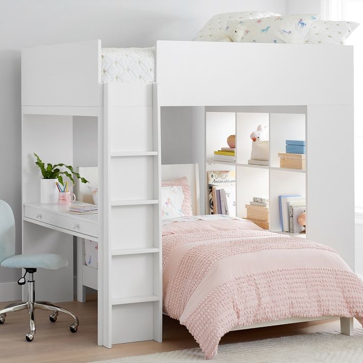 Full Loft Bed Crisp White Integrated Desk Side Ladder Modern Scandinavian