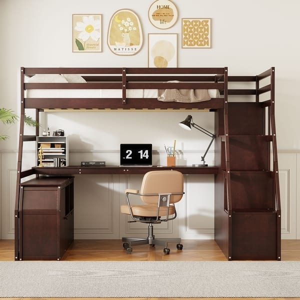 Full Loft Bed Espresso Seven Drawers Storage Shelves Integrated Desk