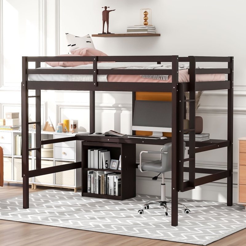 Full Loft Bed Espresso Wood Chalkboard Panel Dual Ladder Storage Drawers