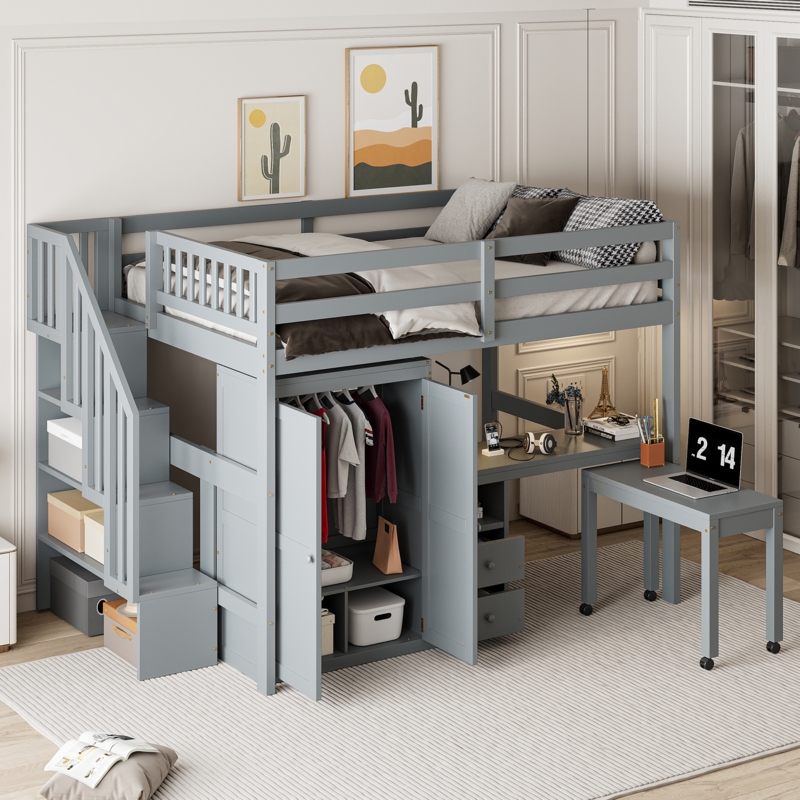 Full Loft Bed Grey Storage Stairs Built-in Wardrobe Integrated Desk