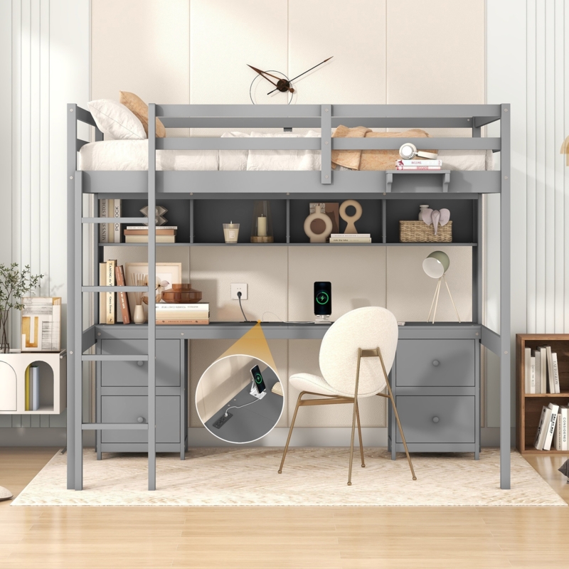 Full Loft Bed Slate Grey Built-in Drawers Bedside Tray Workstation