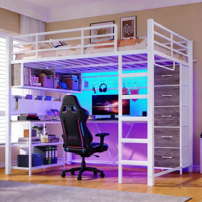 Full Loft Bed White with L-Shaped Desk and Five Drawer Chest