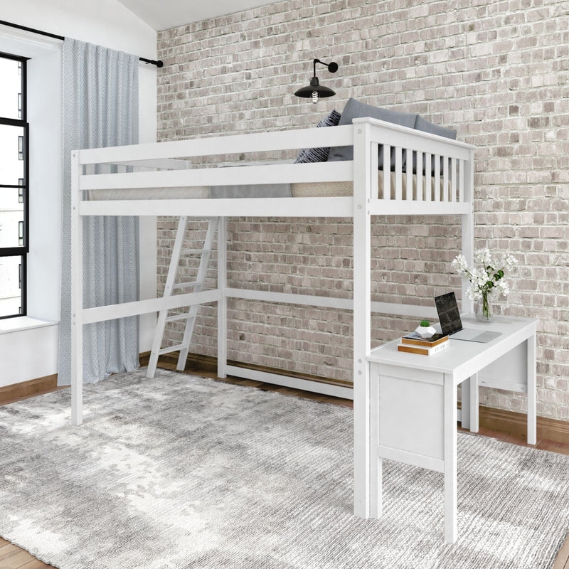 Full Loft Bed White Wood End Ladder Integrated Workstation Minimalist