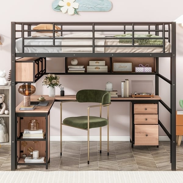 Full Loft Bed with Desk Six Drawer Chest and Bookcase White Finish