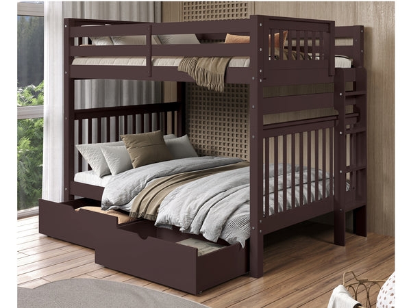 Full Over Full Bunk Bed Dark Cherry Finish End Ladder Storage Drawers