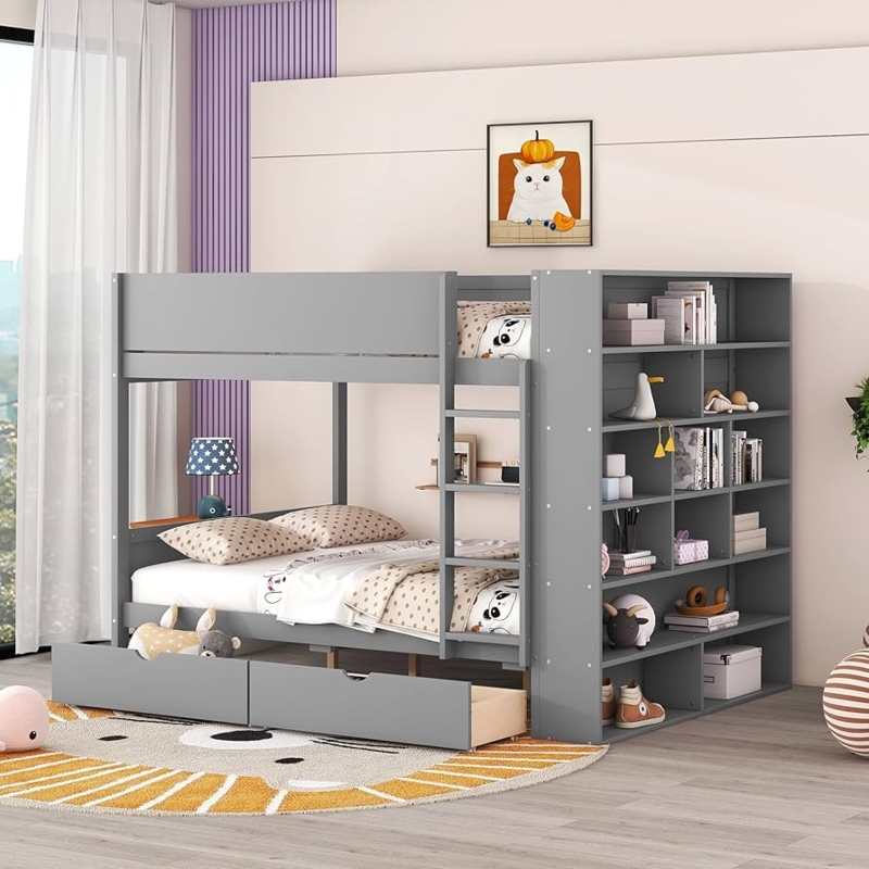 Full Over Full Bunk Bed White with Staircase Storage and Shelving