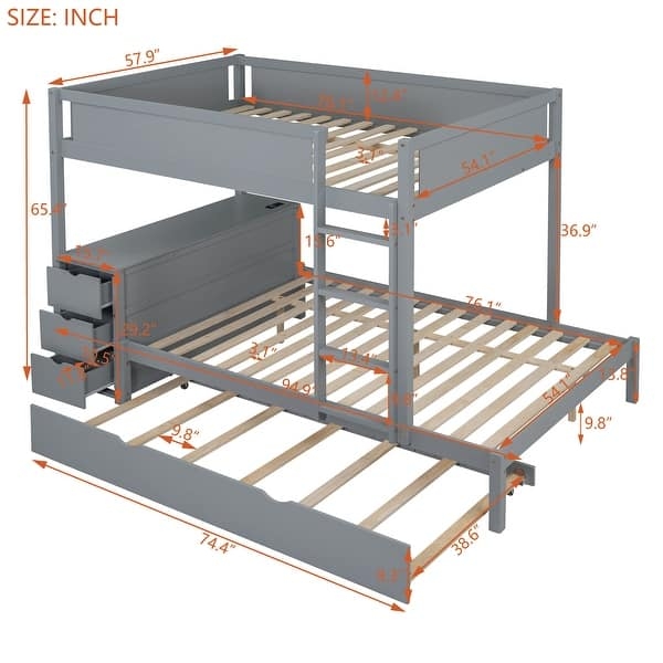 Full Over Full Bunk Bed with Desk, Shelves, and Trundle, White