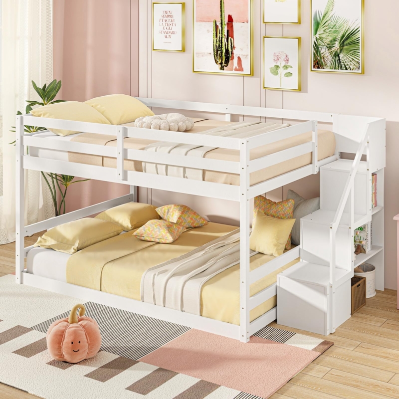 Full Over Full Bunk Bed with Storage Stairs and Cubbies, White