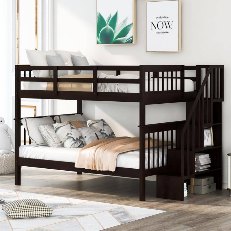 Full Over Full Bunk Bed With Storage Stairs Espresso Finish Wood