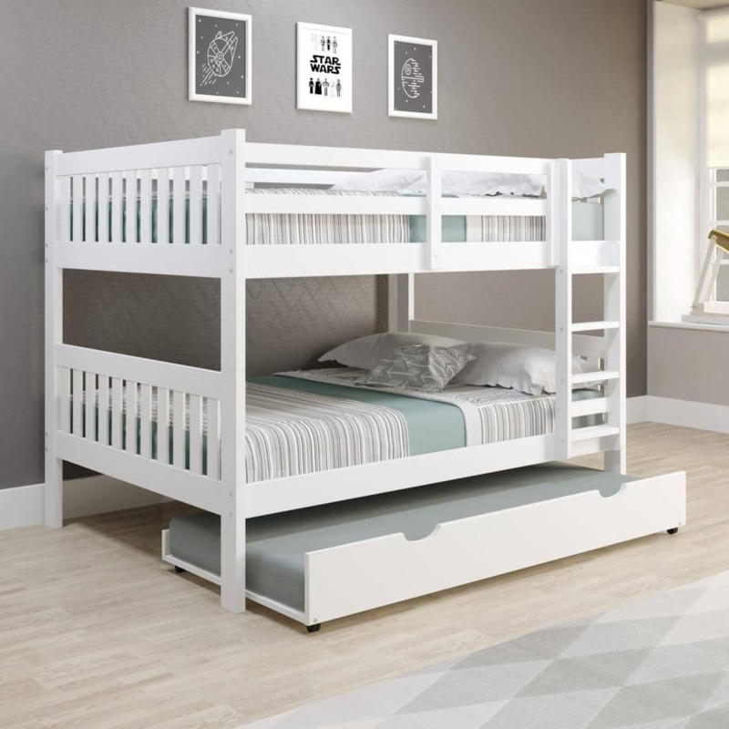 Full Over Full Bunk Beds for Kids, White Finish, Integrated Trundle