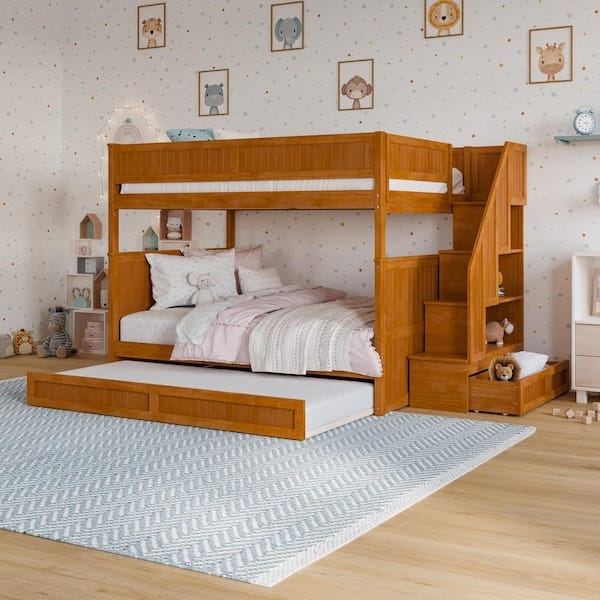 Full Over Full Staircase Bunk Bed with Trundle and Storage Drawers