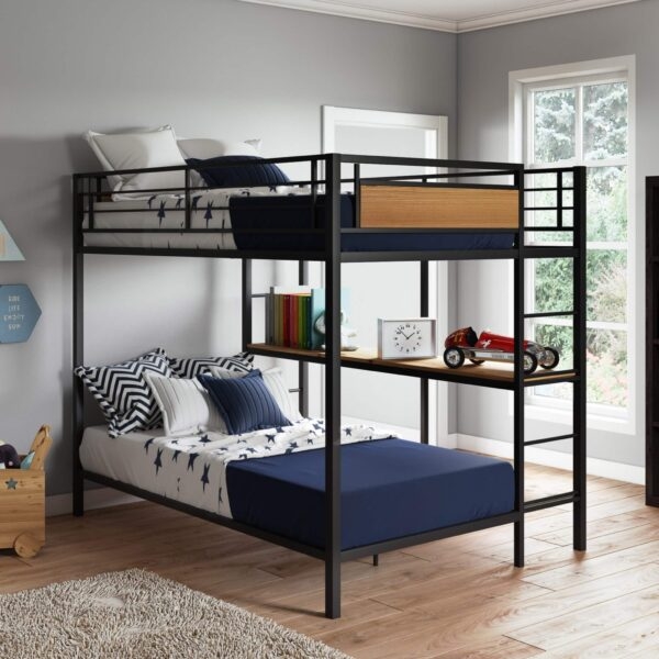 Full Over Twin Bunk Bed Dark Wood with Integrated Bookshelves