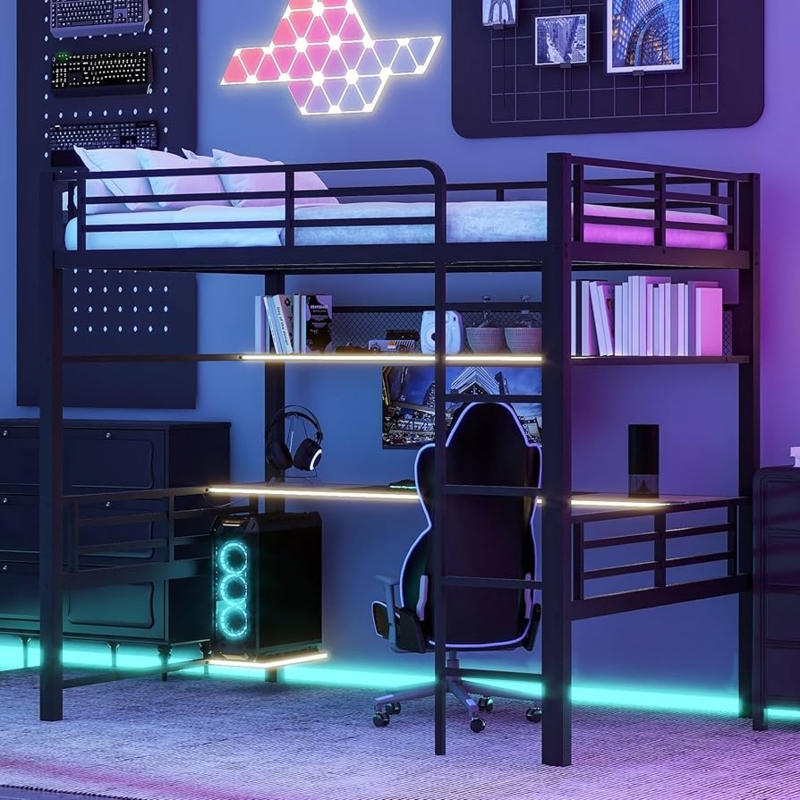 Full Size Black Metal Loft Bed with LED Lighting