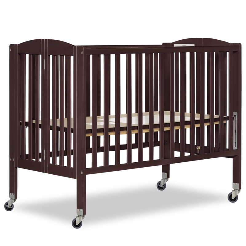 Full Size Folding Nursery Crib in Natural Wood with Industrial Casters