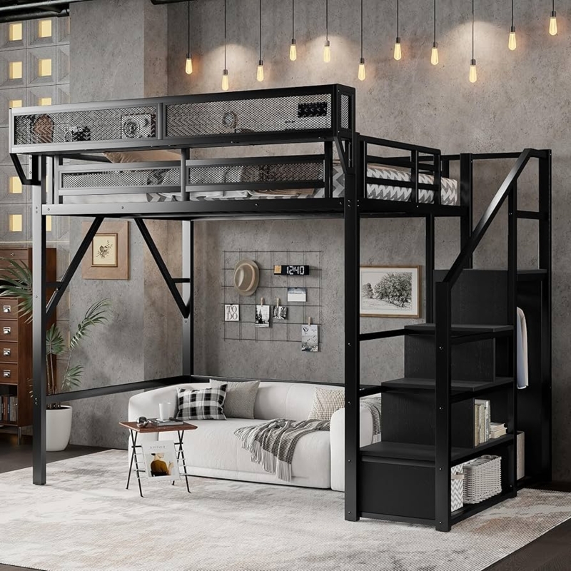 Full Size Loft Bed Black Metal Staircase and Integrated Wardrobe