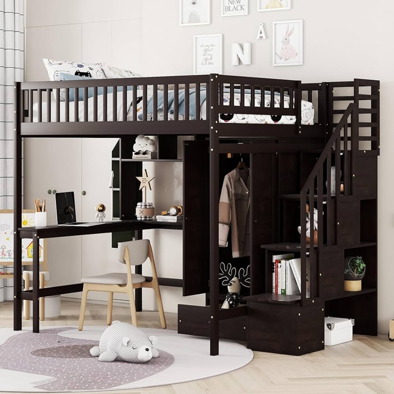 Full Size Loft Bed Espresso with Integrated Wardrobe Desk Stairs