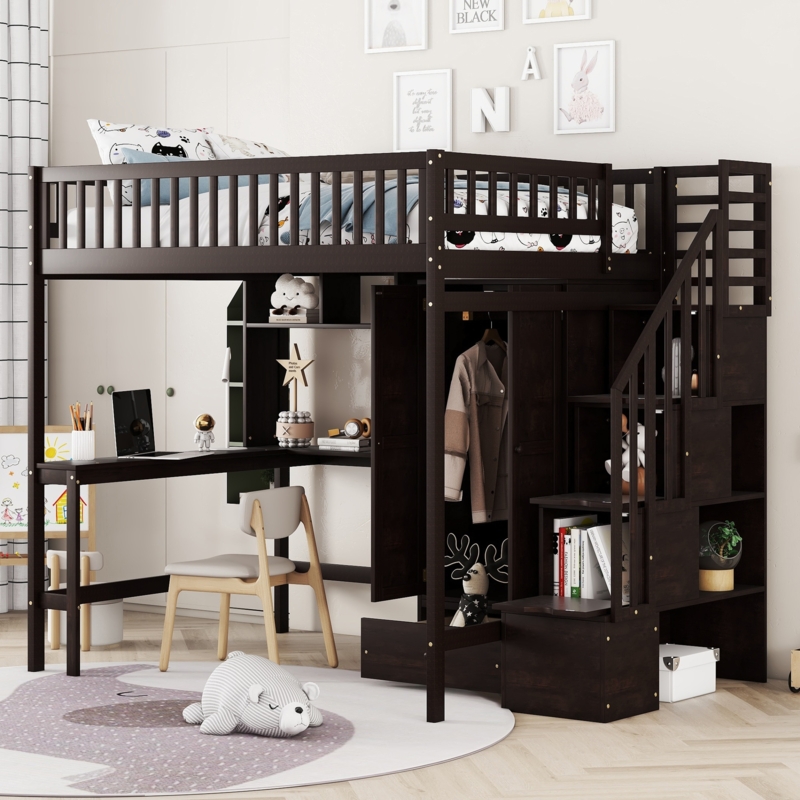 Full Size Loft Bed Espresso Wood, Integrated Desk & Bookshelf