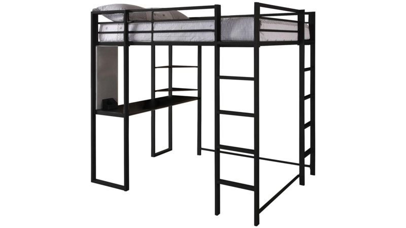 Full Size Loft Bed Gray Wood, Integrated Desk & Storage Drawers