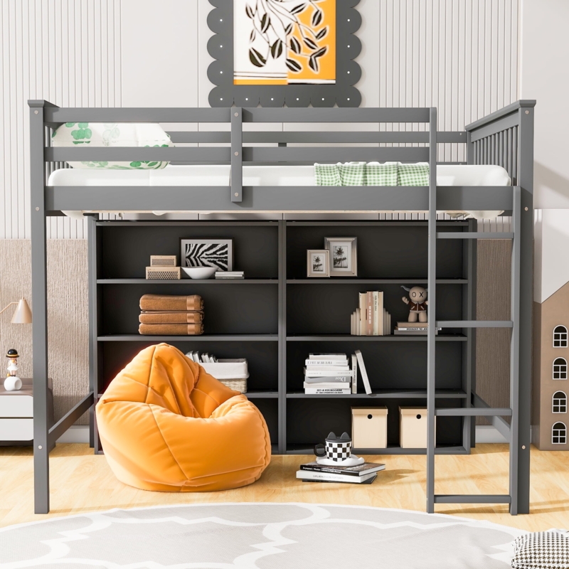 Full Size Loft Bed Gray Wood with Side Entry Bookcase