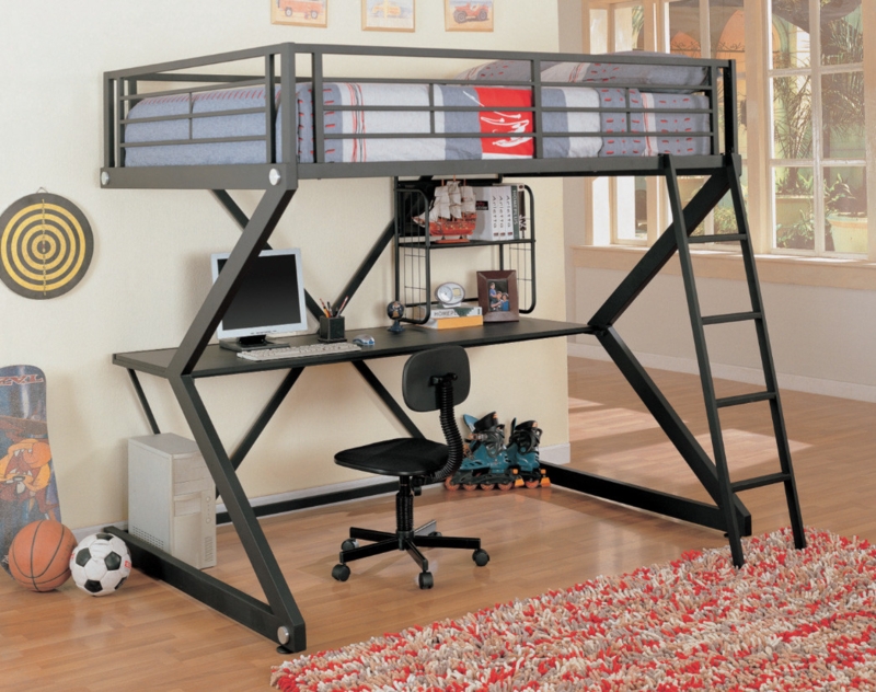 Full Size Loft Bed Industrial Metal, Dual Ladder Access & Desk