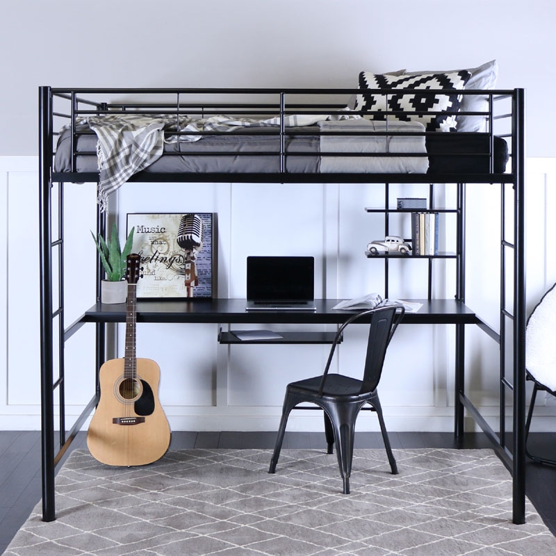 Full Size Loft Bed Industrial Steel with Integrated Workstation