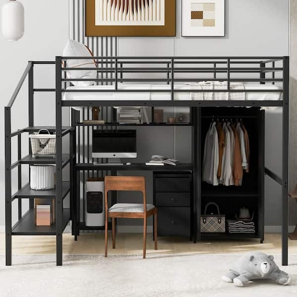 Full Size Loft Bed Metal with Storage Stairs, Desk & Wardrobe