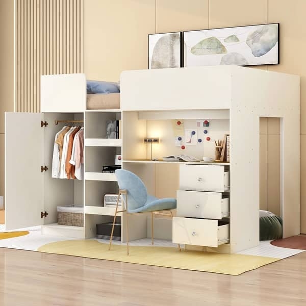 Full Size Loft Bed with Built-In Wardrobe Desk and Storage Drawers White