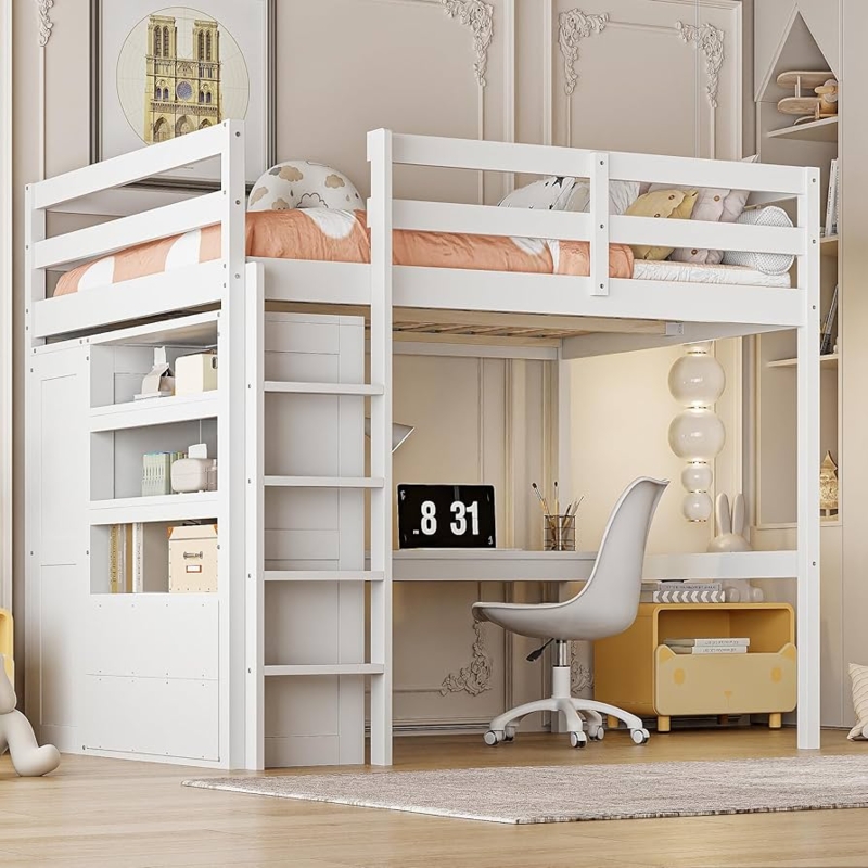 Full Size Loft Bed with Integrated Wardrobe and Desk in White Finish.
