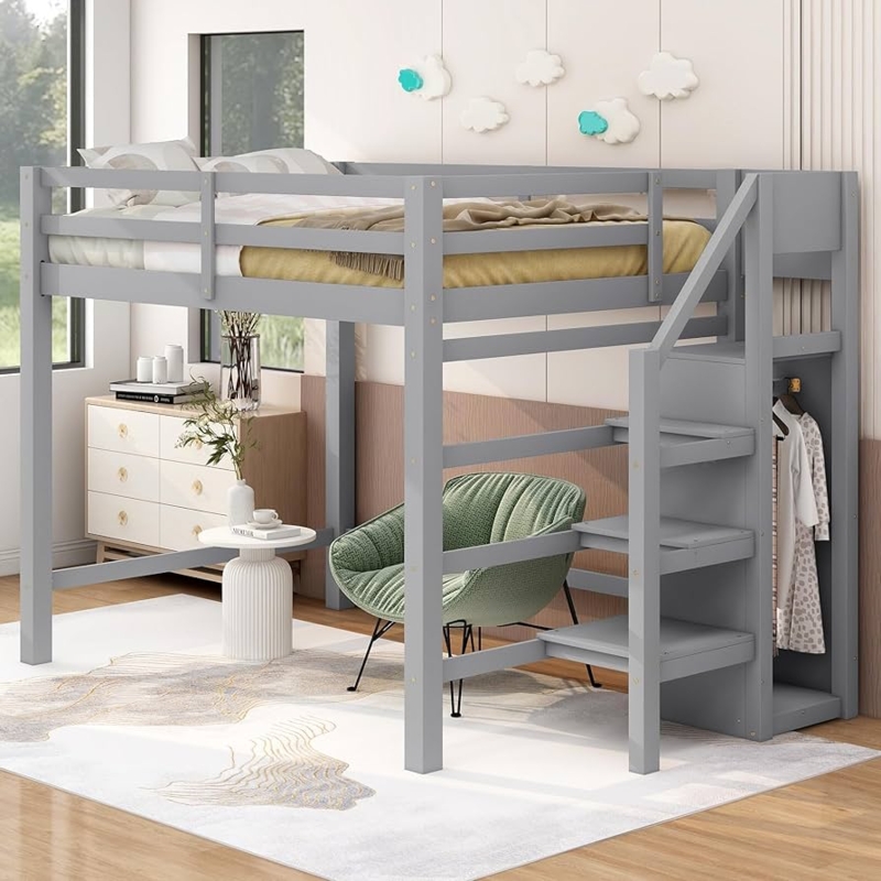 Full Size Loft Bed with Staircase Shelves and Wardrobe All In One