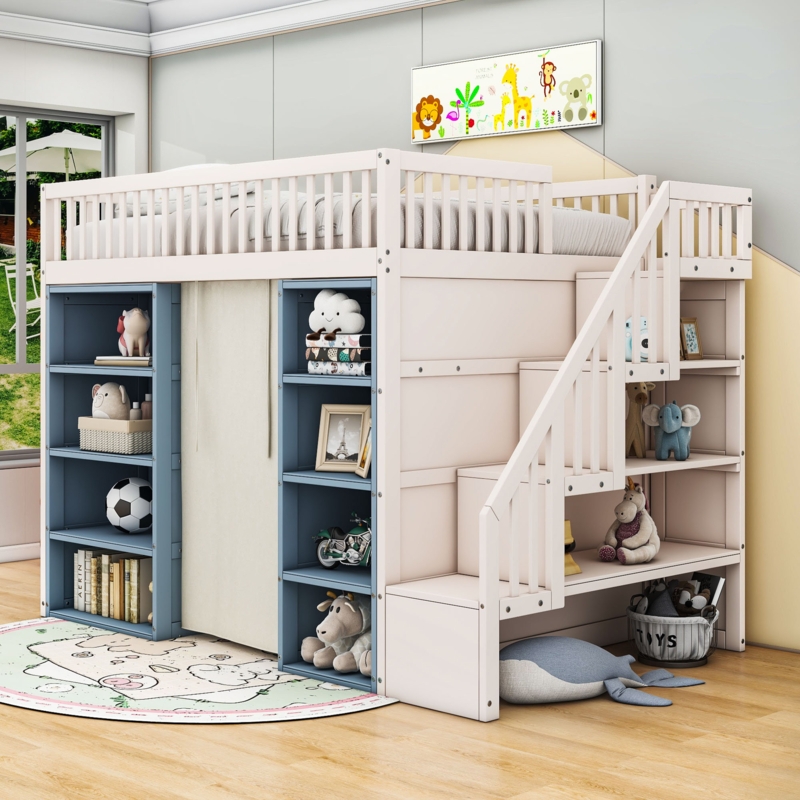 Full Size Loft Bed with Stairs, Curtains and Storage