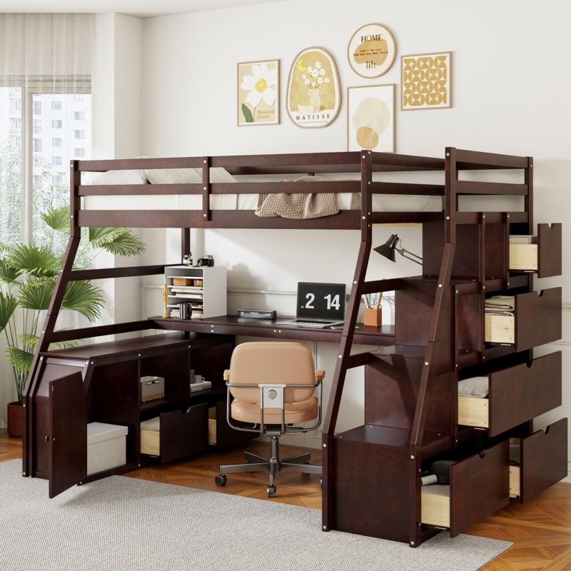 Full Size Loft Bed with Storage Stairs, Espresso Finish