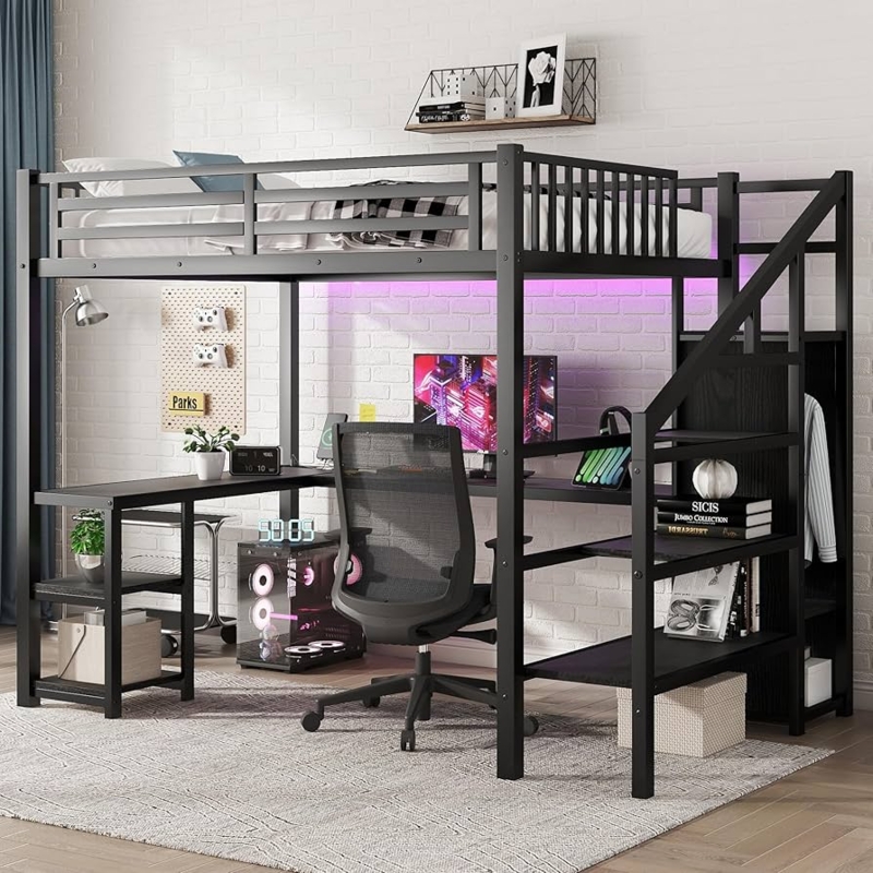 Full Size Loft Bed with Storage Stairs & Wardrobe