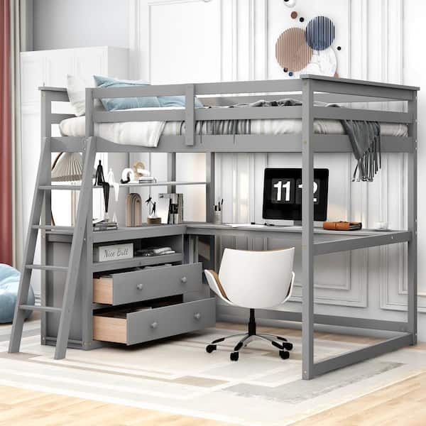 Full Size Loft Bed Workstation with Built-in Desk and Storage Drawers