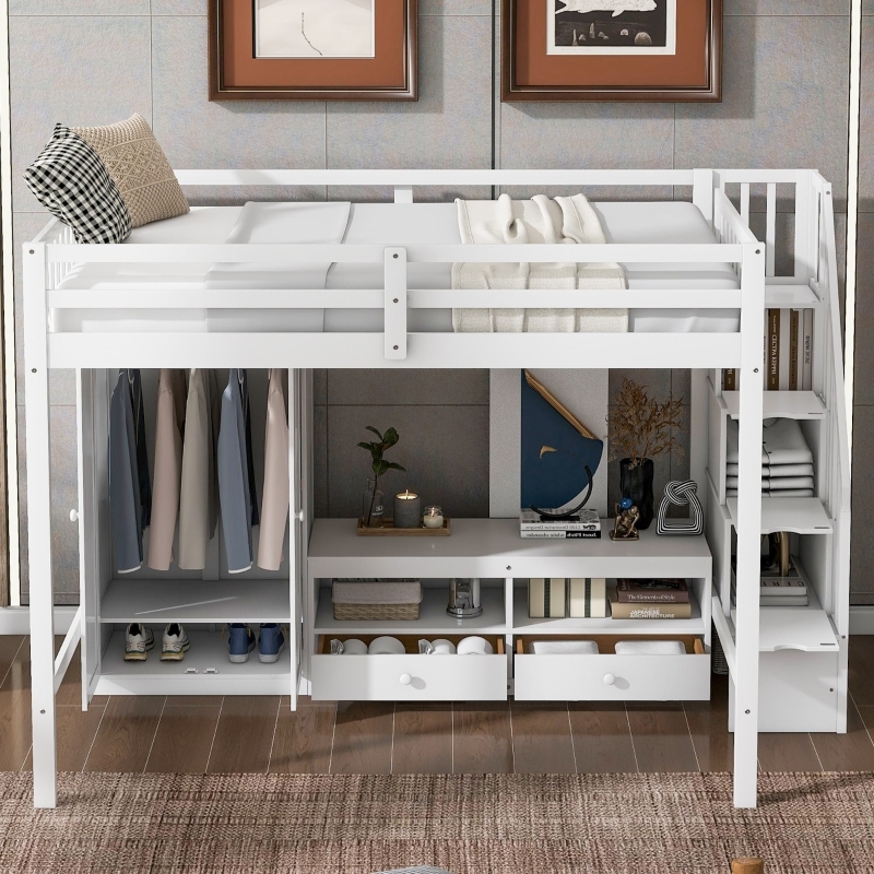Full Size White Loft Bed with Wood-Toned Accents, Wardrobe, and Stairs