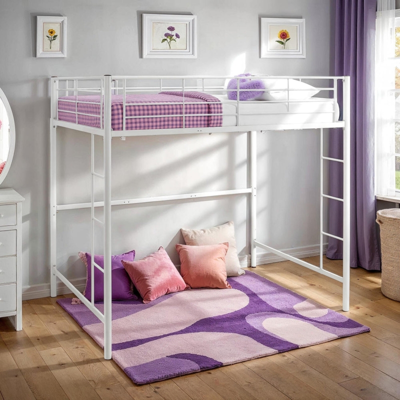 Full Size White Metal Loft Bed Integrated Desk