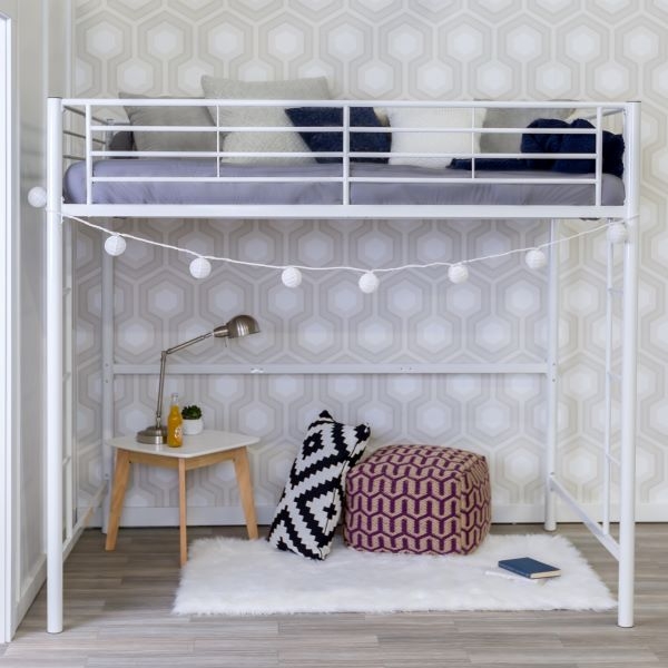 Full Size White Metal Loft Bed with Dual Ladders and Open Clearance.